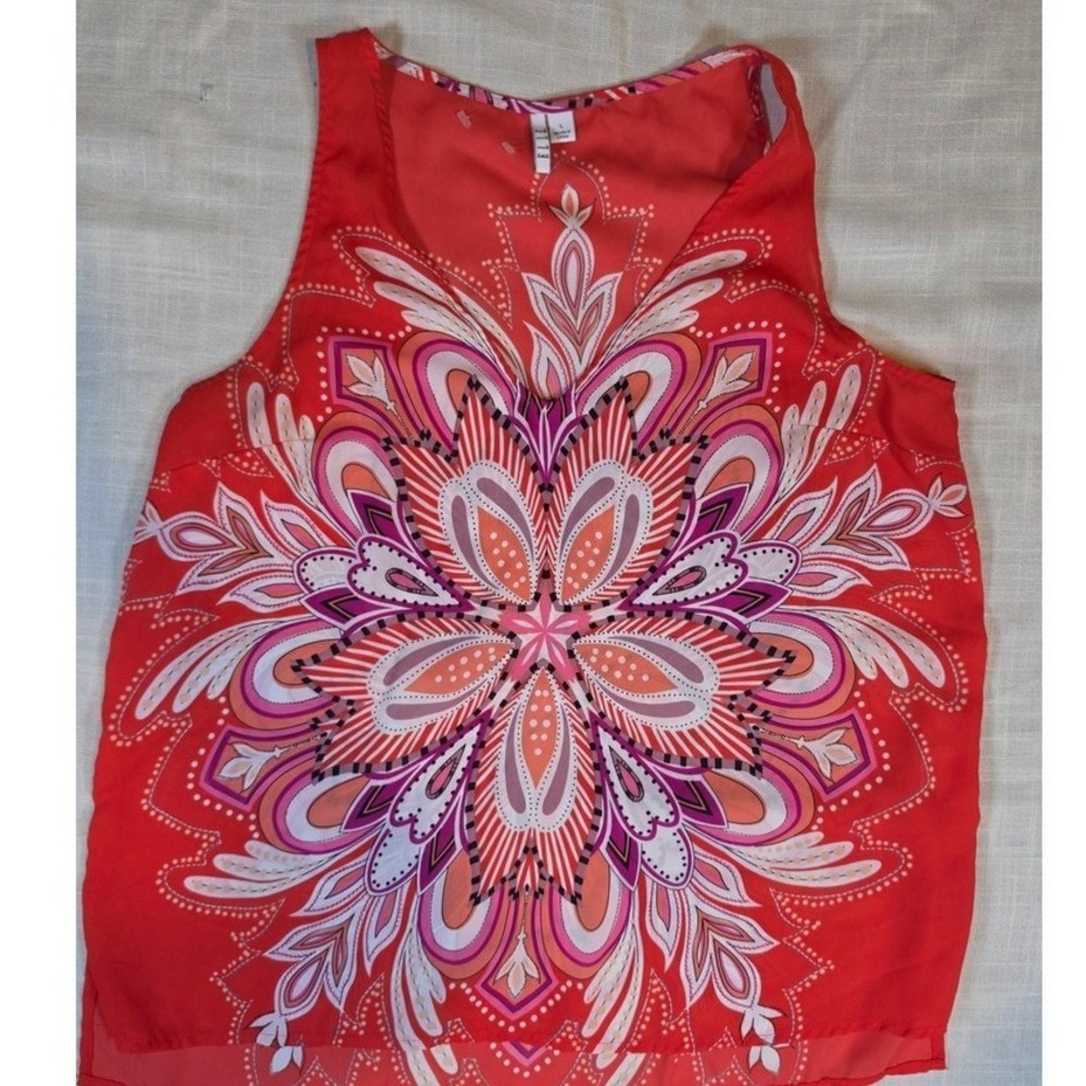 Elle Women Indy Red Bohemian Mandala Print Sleeveless V-Neck Tank Blouse Large